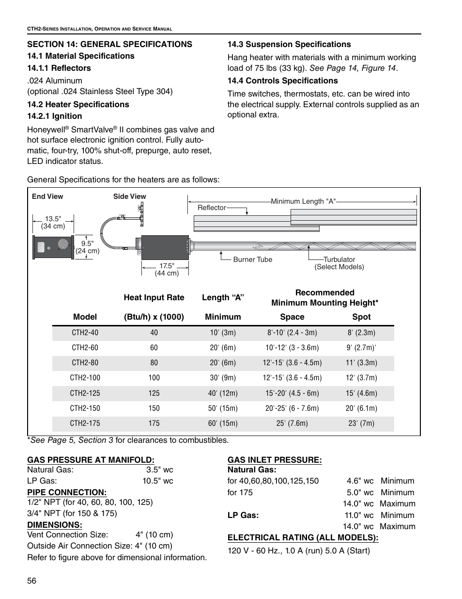 Section 14: general specifications, 1 material specifications, 1 reflectors | 2 heater specifications, 1 ignition, 3 suspension specifications, 4 controls specifications | Roberts Gorden Gas-Fired User Manual | Page 62 / 68