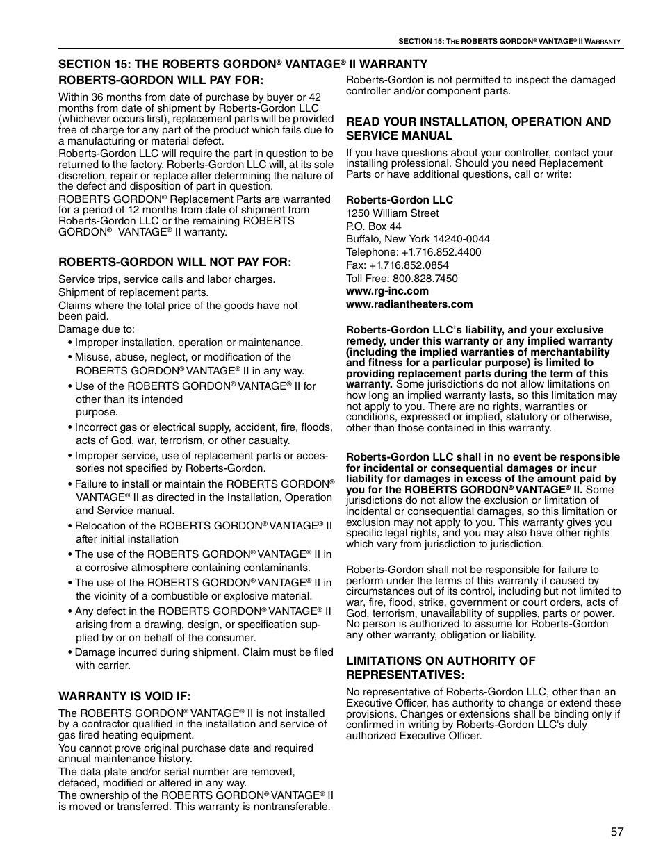 Section 15: the roberts gordon, Vantage, Ii warranty roberts-gordon will pay for | Roberts-gordon will not pay for, Warranty is void if, Limitations on authority of representatives | Roberts Gorden Gas-Fired User Manual | Page 63 / 68