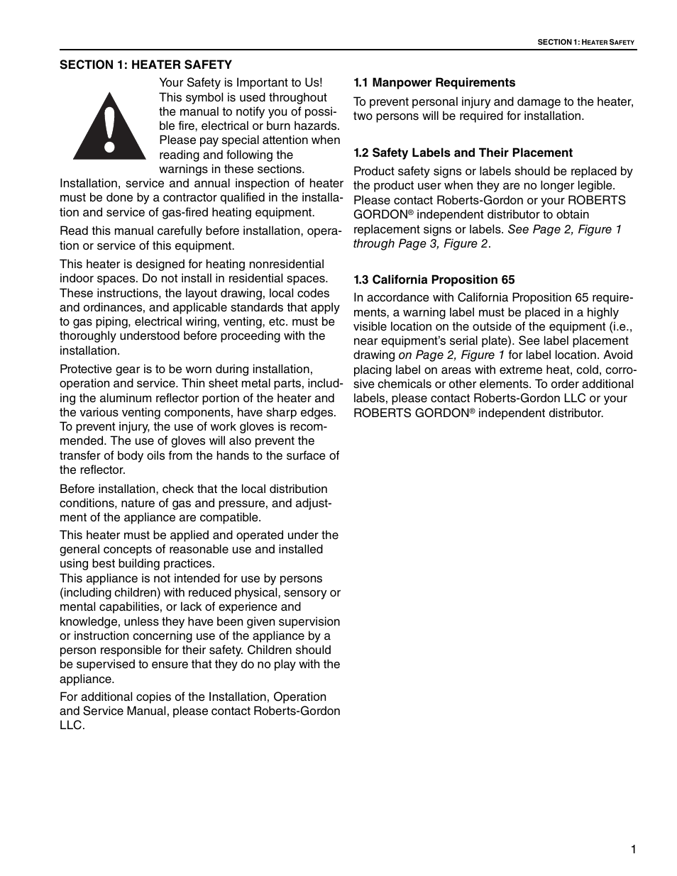 Section 1: heater safety, 1 manpower requirements, 2 safety labels and their placement | 3 california proposition 65 | Roberts Gorden Gas-Fired User Manual | Page 7 / 68