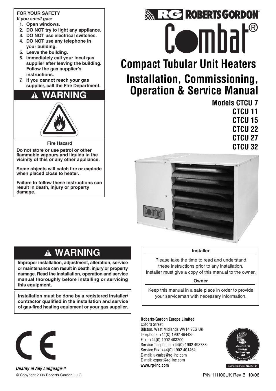 Roberts Gorden CTCU 27 User Manual | 40 pages