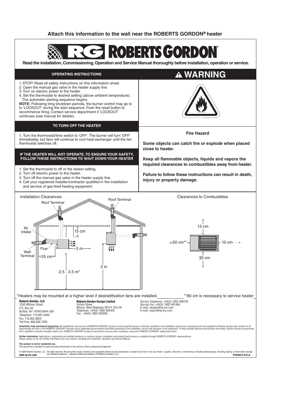 Warning, Heater | Roberts Gorden CTCU 27 User Manual | Page 40 / 40