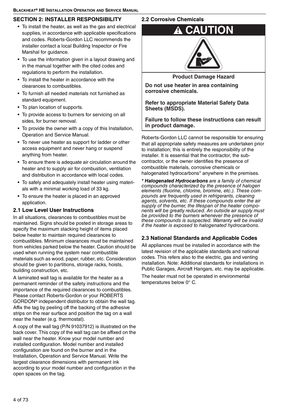 Section 2: installer responsibility, Caution | Roberts-Gordon HE15UT User Manual | Page 10 / 82