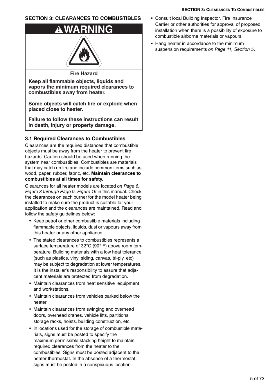 Section 3: clearances to combustibles, 1 required clearances to combustibles, Warning | Roberts-Gordon HE15UT User Manual | Page 11 / 82