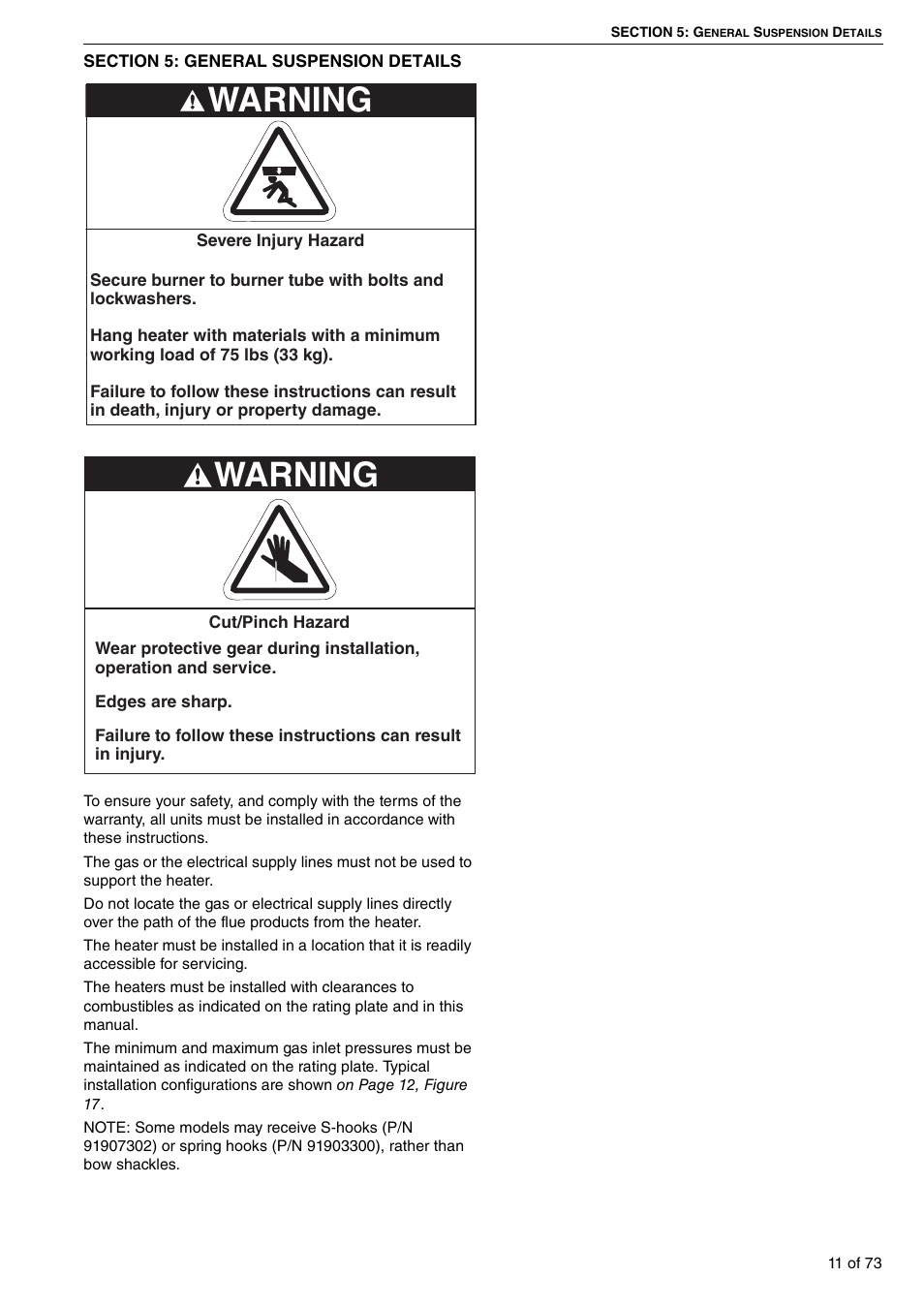 Section 5: general suspension details, Warning | Roberts-Gordon HE15UT User Manual | Page 17 / 82