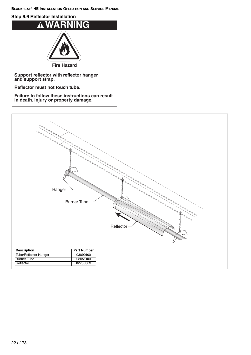 6 reflector installation, Warning | Roberts-Gordon HE15UT User Manual | Page 28 / 82