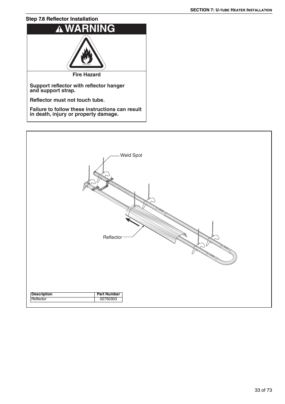 8 reflector installation, Warning | Roberts-Gordon HE15UT User Manual | Page 39 / 82