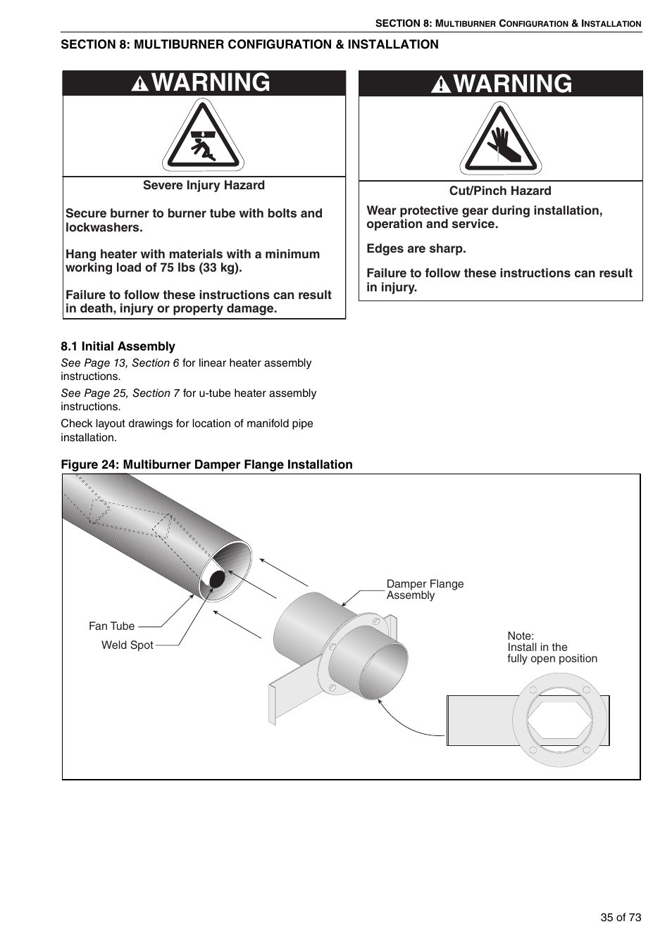Section 8: multiburner configuration, Installation, 1 initial assembly | Figure 24: multiburner damper flange installation, Warning | Roberts-Gordon HE15UT User Manual | Page 41 / 82