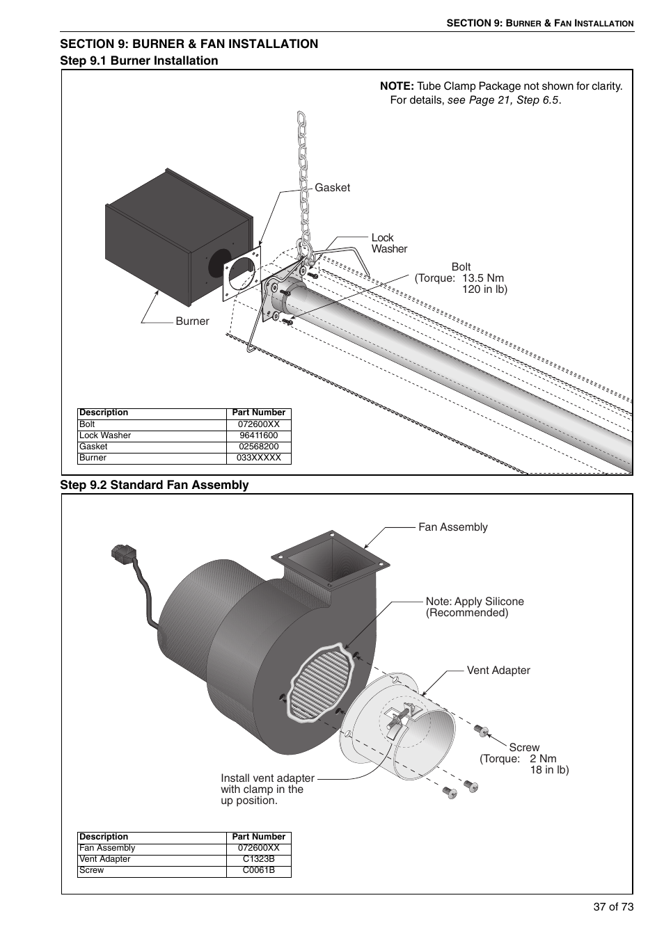 Section 9: burner & fan installation, 1 burner installation 9.2 standard fan assembly | Roberts-Gordon HE15UT User Manual | Page 43 / 82