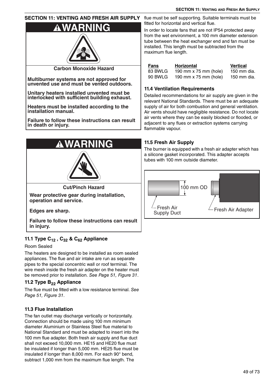 Section 11: venting and fresh air supply, Warning | Roberts-Gordon HE15UT User Manual | Page 55 / 82