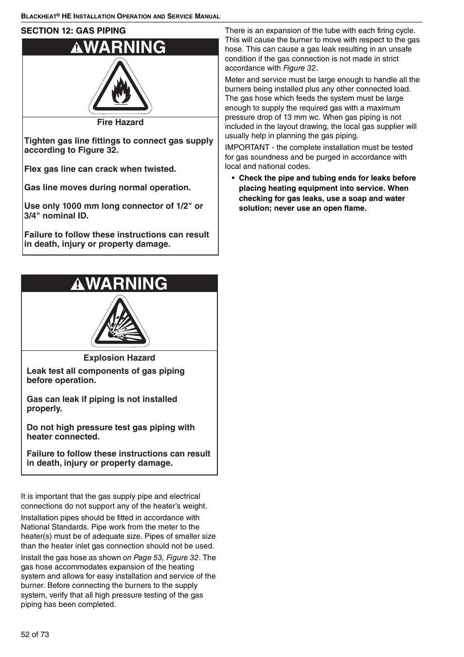 Section 12: gas piping, Warning | Roberts-Gordon HE15UT User Manual | Page 58 / 82
