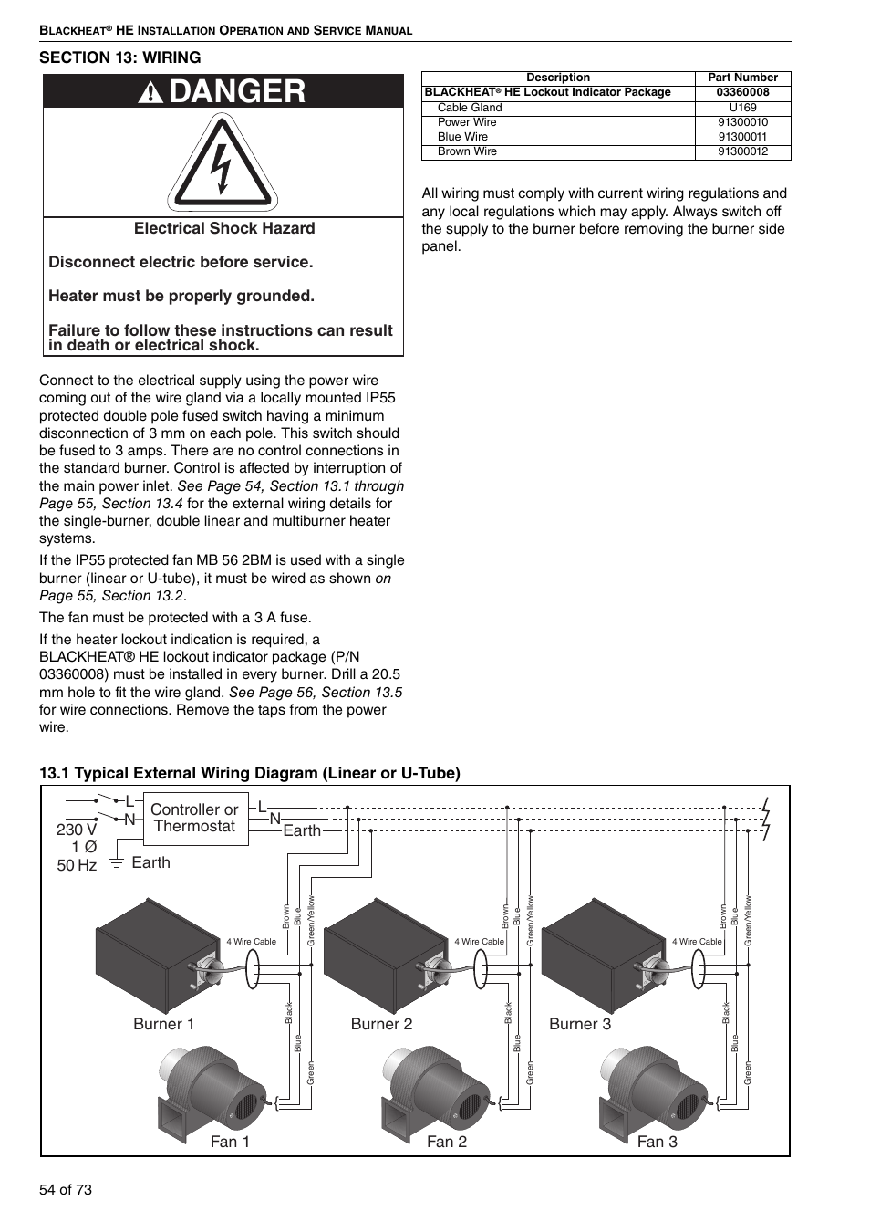 Section 13: wiring, 1 typical external wiring diagram, Linear or u-tube) | Danger | Roberts-Gordon HE15UT User Manual | Page 60 / 82