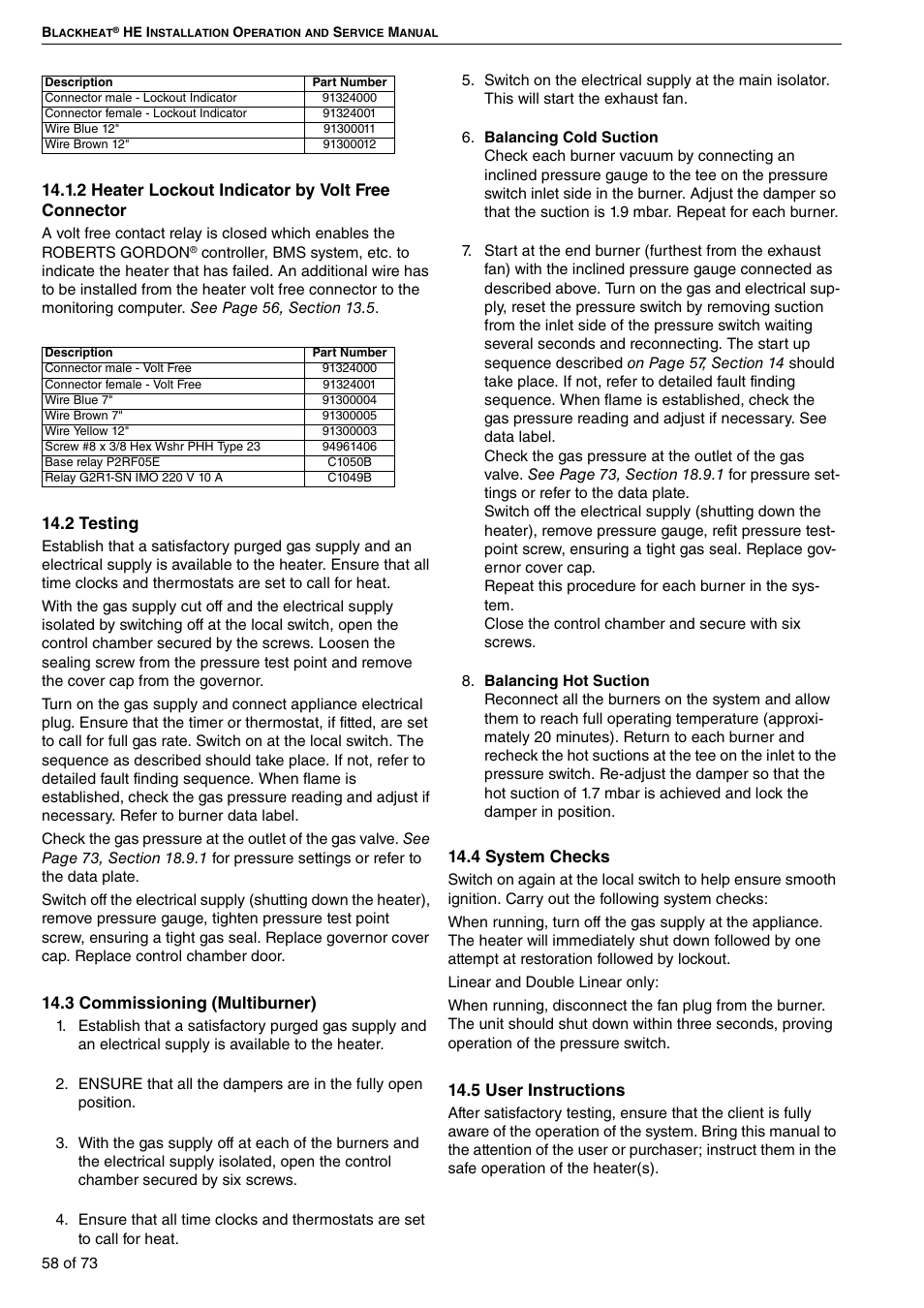 2 heater lockout indicator by volt free connector, 2 testing, 3 commissioning (multiburner) | 4 system checks, 5 user instructions | Roberts-Gordon HE15UT User Manual | Page 64 / 82