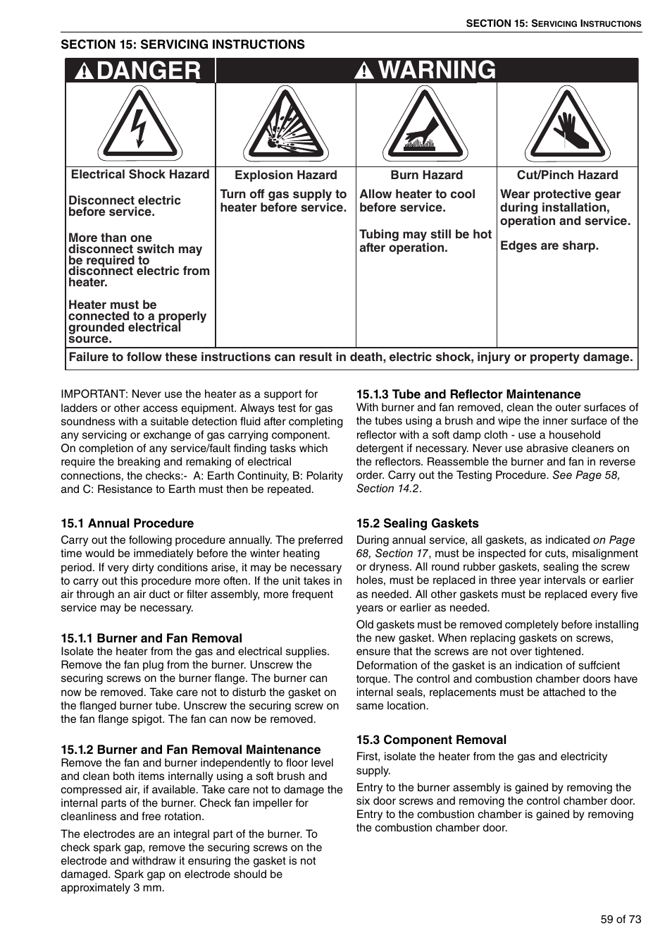 Section 15: servicing instructions, Warning, Danger | Roberts-Gordon HE15UT User Manual | Page 65 / 82