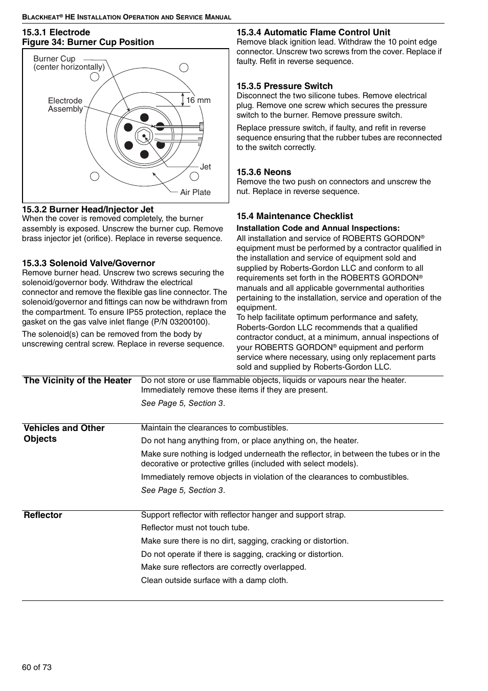 4 maintenance checklist, Figure 34: burner cup position | Roberts-Gordon HE15UT User Manual | Page 66 / 82
