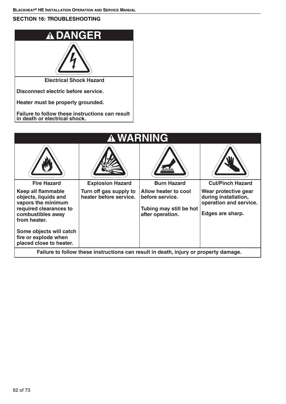 Section 16: troubleshooting, Danger, Warning | Roberts-Gordon HE15UT User Manual | Page 68 / 82