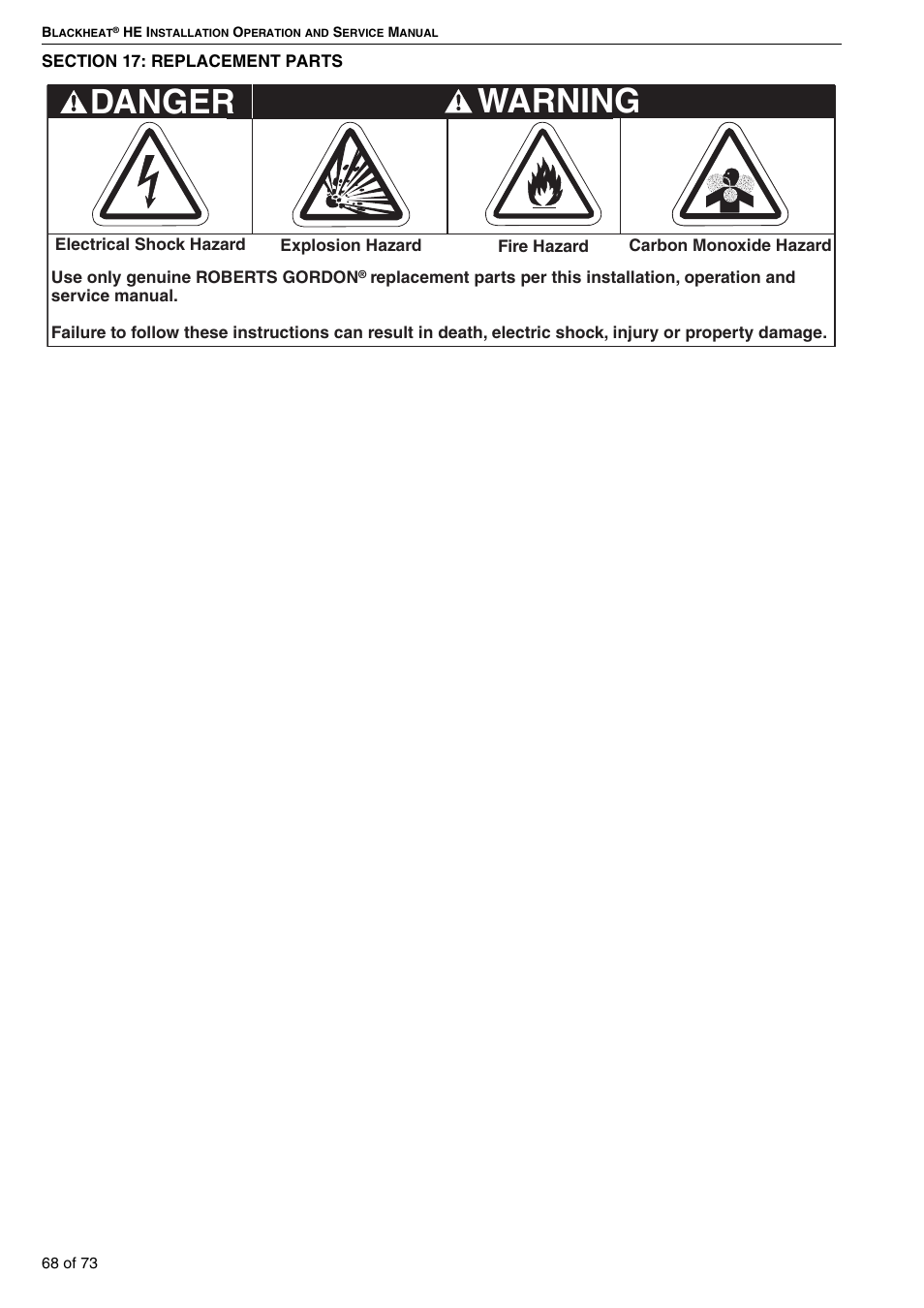 Section 17: replacement parts, Warning, Danger | Roberts-Gordon HE15UT User Manual | Page 74 / 82