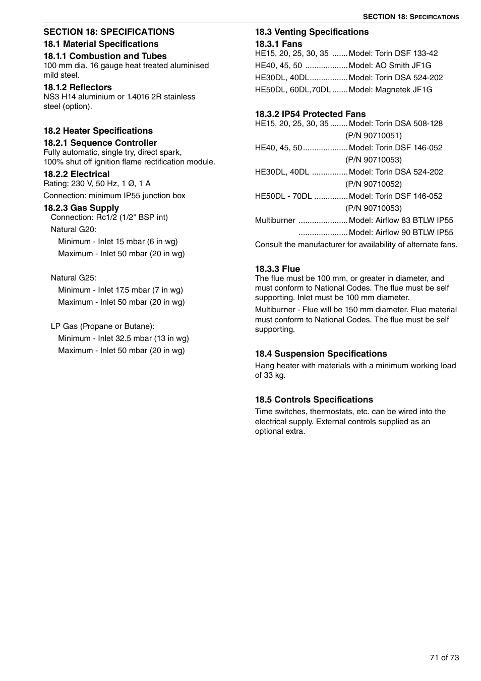 Section 18: specifications | Roberts-Gordon HE15UT User Manual | Page 77 / 82
