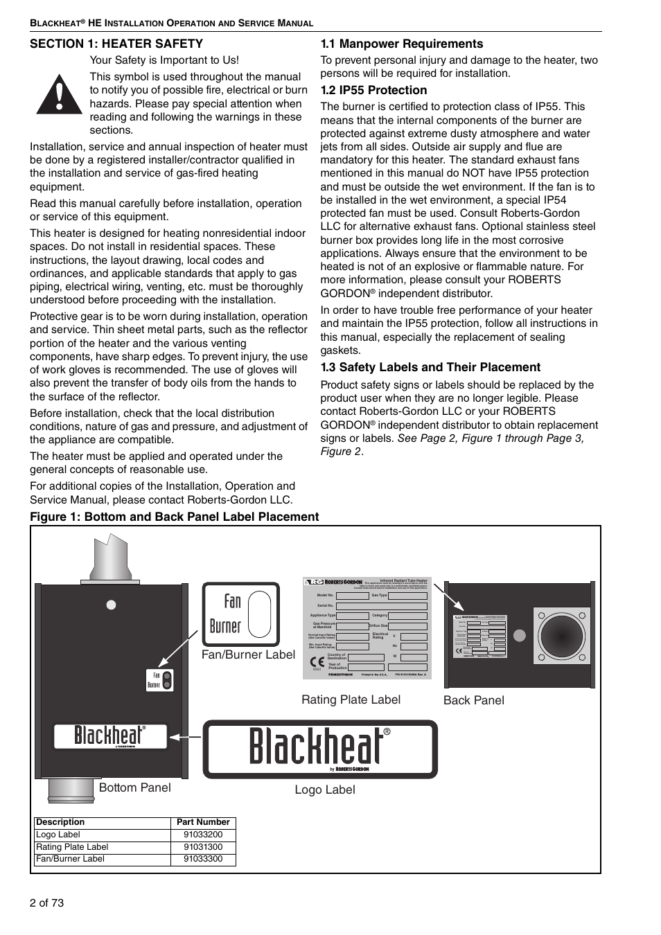 Section 1: heater safety, Figure 1: bottom and back panel label placement, 1 manpower requirements | 2 ip55 protection, 3 safety labels and their placement, 2 of 73, He i | Roberts-Gordon HE15UT User Manual | Page 8 / 82