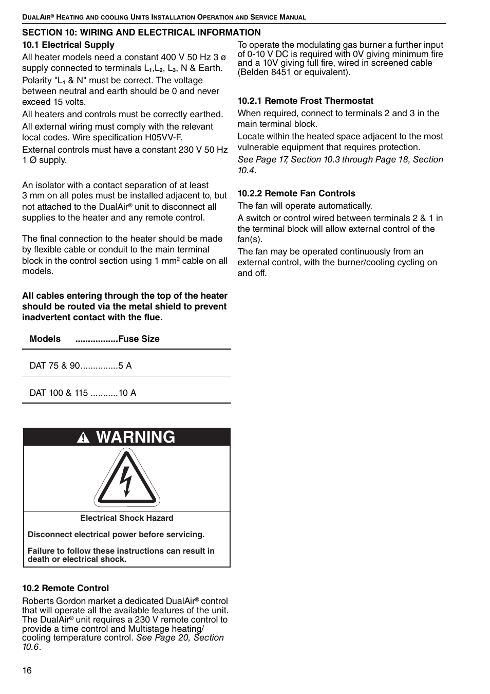 Warning | Roberts Gorden DAT100 User Manual | Page 22 / 52
