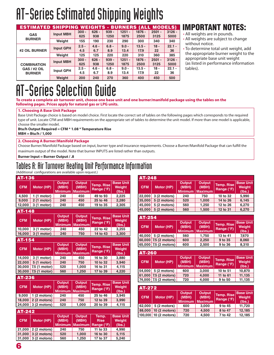 At-series estimated shipping weights, At-series selection guide | Roberts Gorden Combat AT-236 User Manual | Page 6 / 8