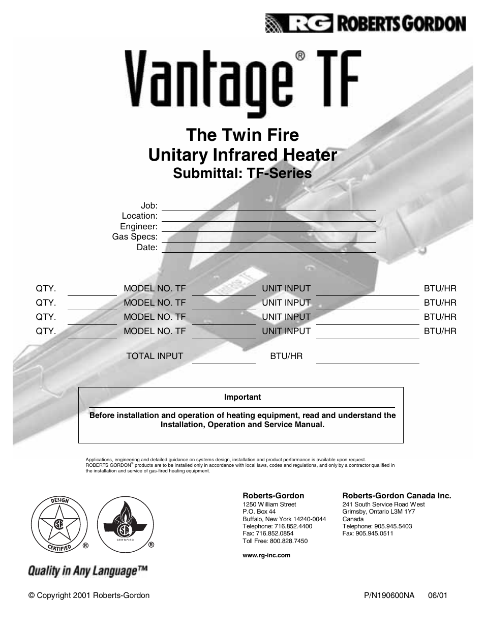 Roberts Gorden Vantage TF-Series User Manual | 44 pages