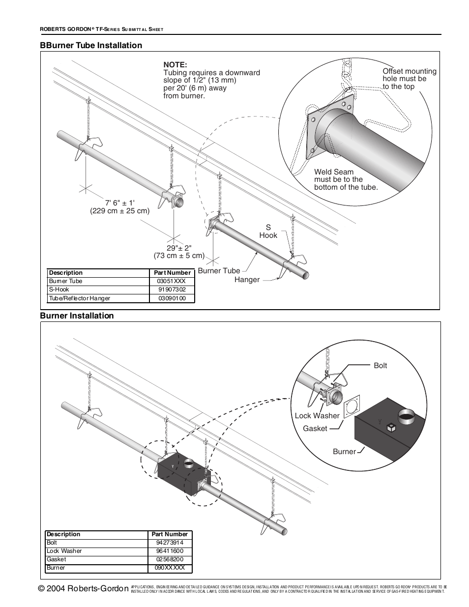 2004 roberts-gordon, Bburner tube installation burner installation | Roberts Gorden Vantage TF-Series User Manual | Page 16 / 44