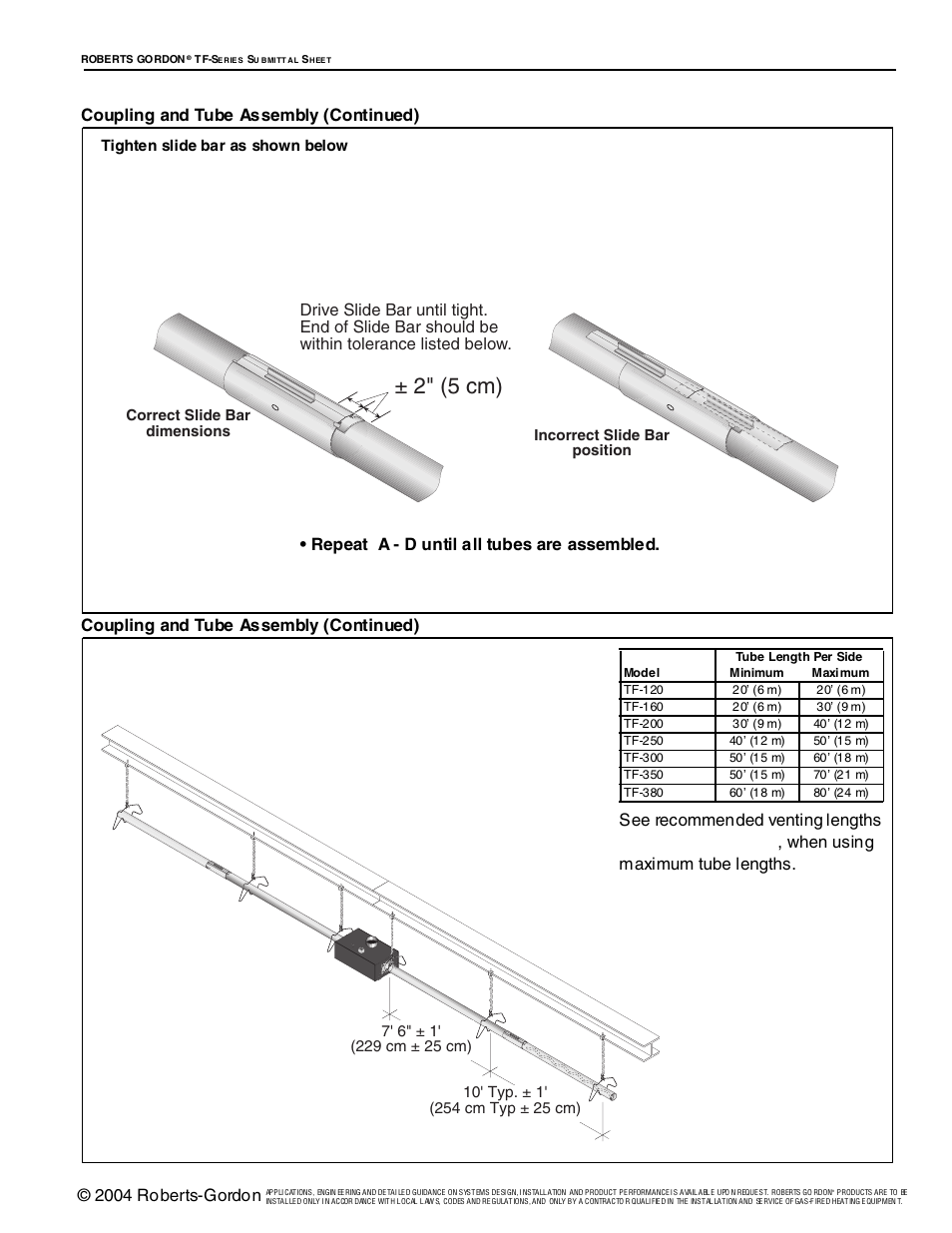 2" (5 cm), 2004 roberts-gordon, Coupling and tube assembly (continued) | Repeat a - d until all tubes are assembled | Roberts Gorden Vantage TF-Series User Manual | Page 18 / 44