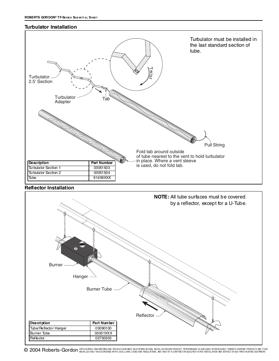 2004 roberts-gordon, Turbulator installation reflector installation | Roberts Gorden Vantage TF-Series User Manual | Page 19 / 44