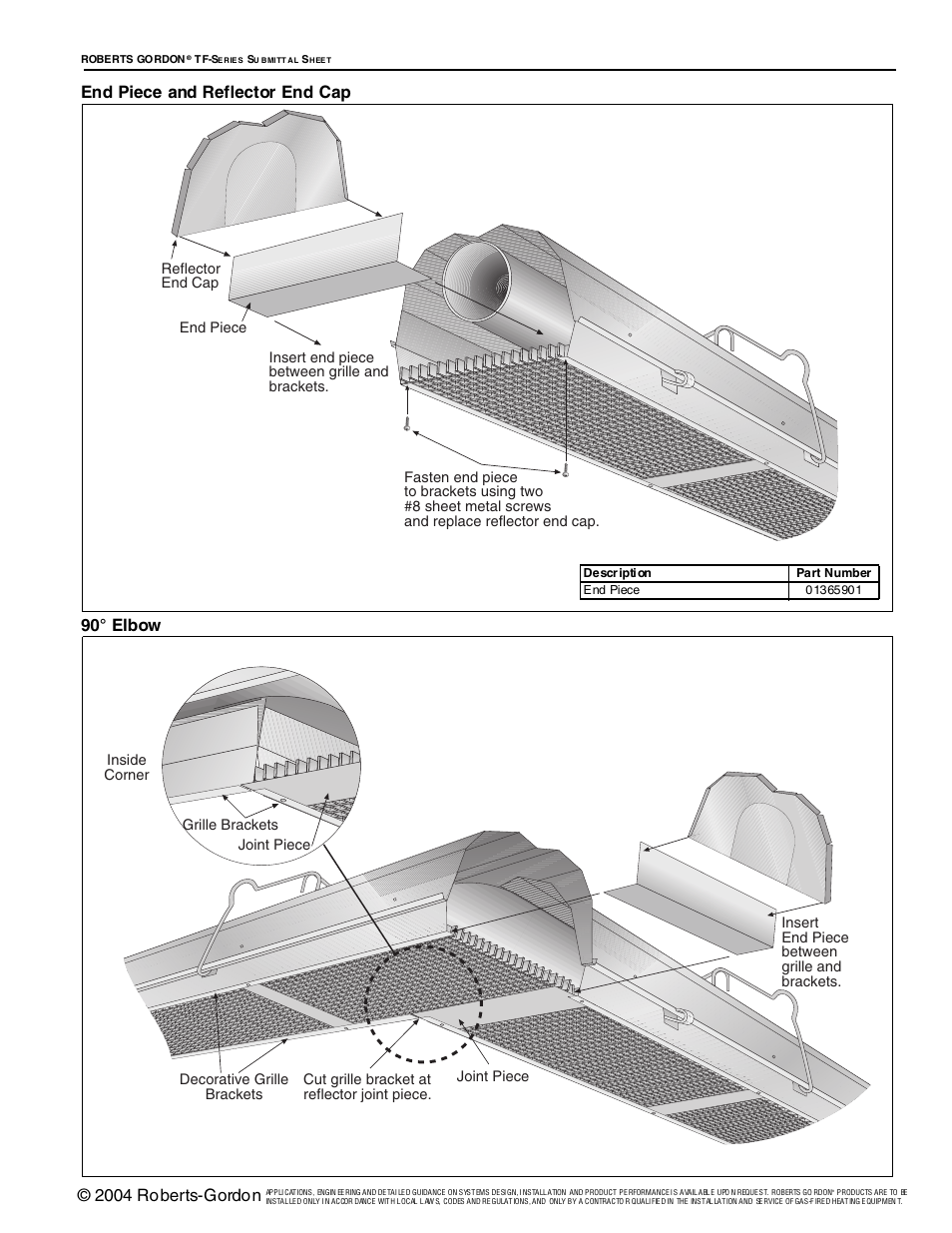 2004 roberts-gordon, End piece and reflector end cap 90° elbow | Roberts Gorden Vantage TF-Series User Manual | Page 30 / 44