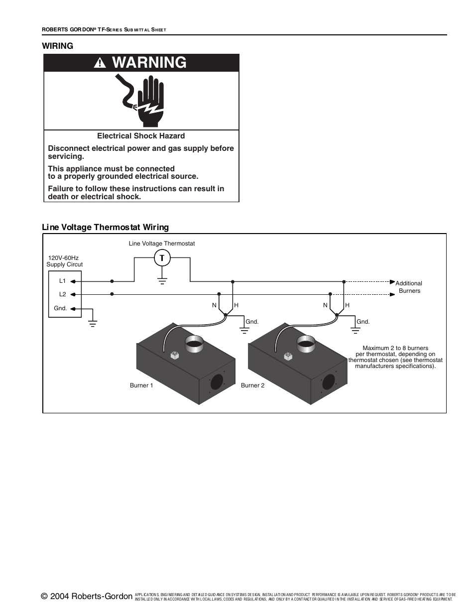 Warning, 2004 roberts-gordon, Wiring line voltage thermostat wiring | Roberts Gorden Vantage TF-Series User Manual | Page 37 / 44