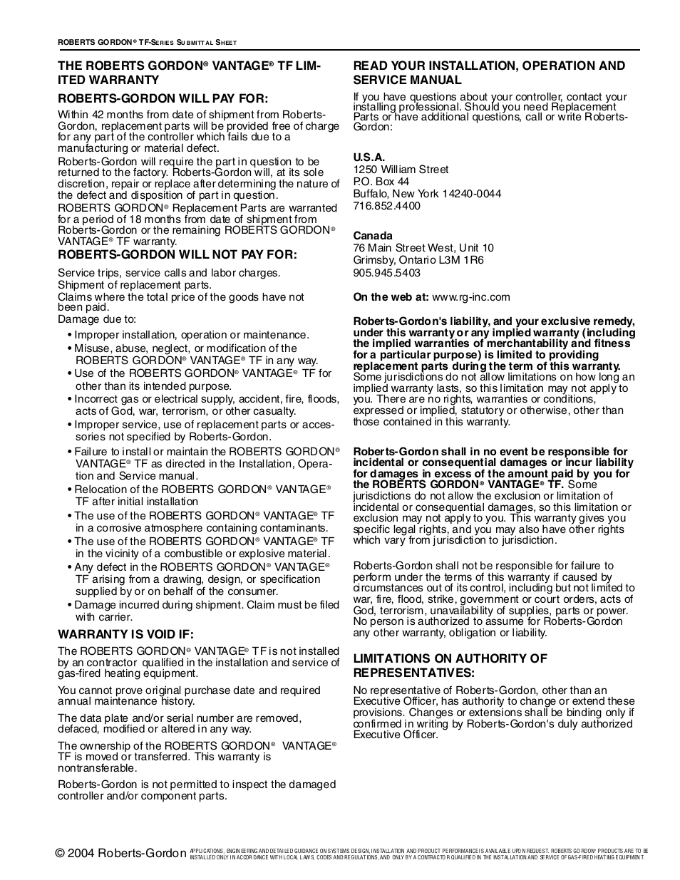 2004 roberts-gordon, The roberts gordon, Vantage | Tf lim- ited warranty roberts-gordon will pay for, Roberts-gordon will not pay for, Warranty is void if, Limitations on authority of representatives | Roberts Gorden Vantage TF-Series User Manual | Page 42 / 44