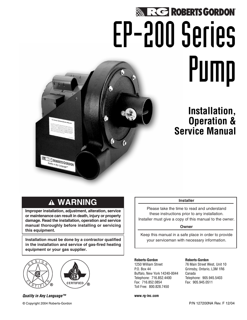 Roberts Gorden EP 200 Series User Manual | 28 pages