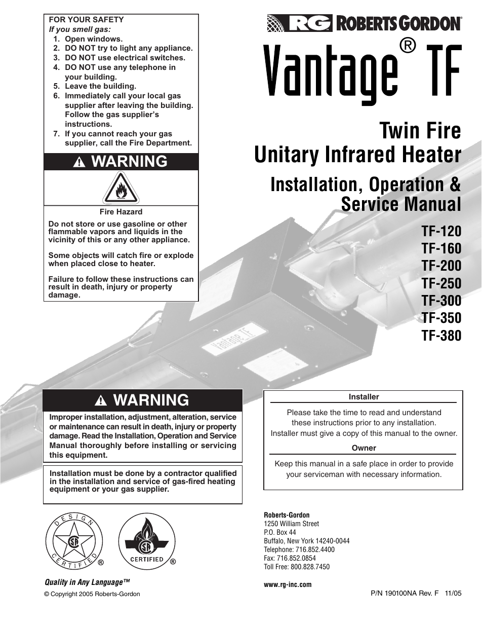 Roberts Gorden Vantage TF TF-160 User Manual | 28 pages
