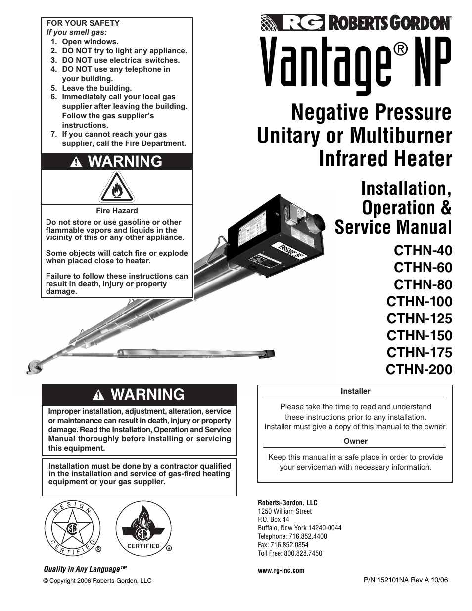 Roberts Gorden VANTAGE NP CTHN-125 User Manual | 48 pages