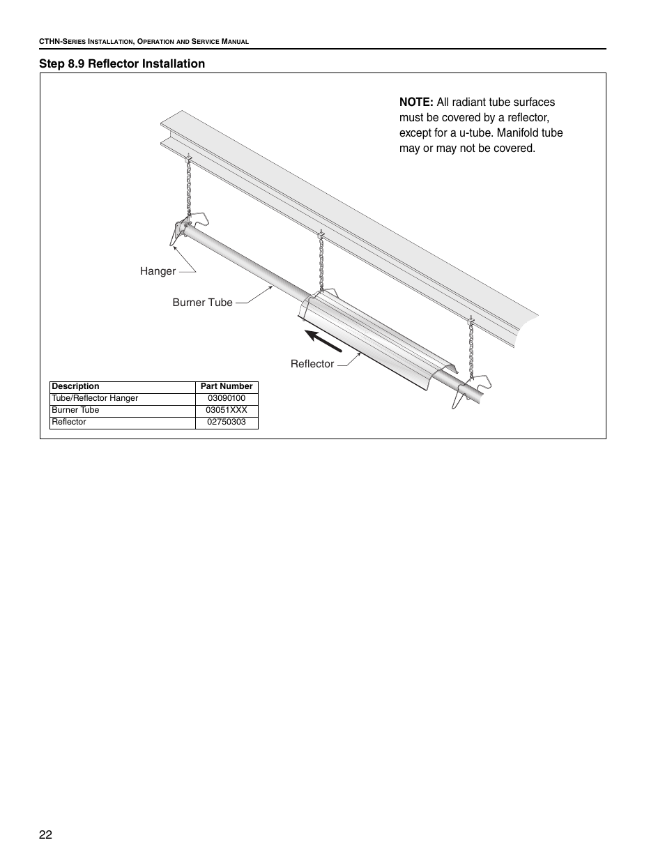22 step 8.9 reflector installation | Roberts Gorden VANTAGE NP CTHN-125 User Manual | Page 28 / 48
