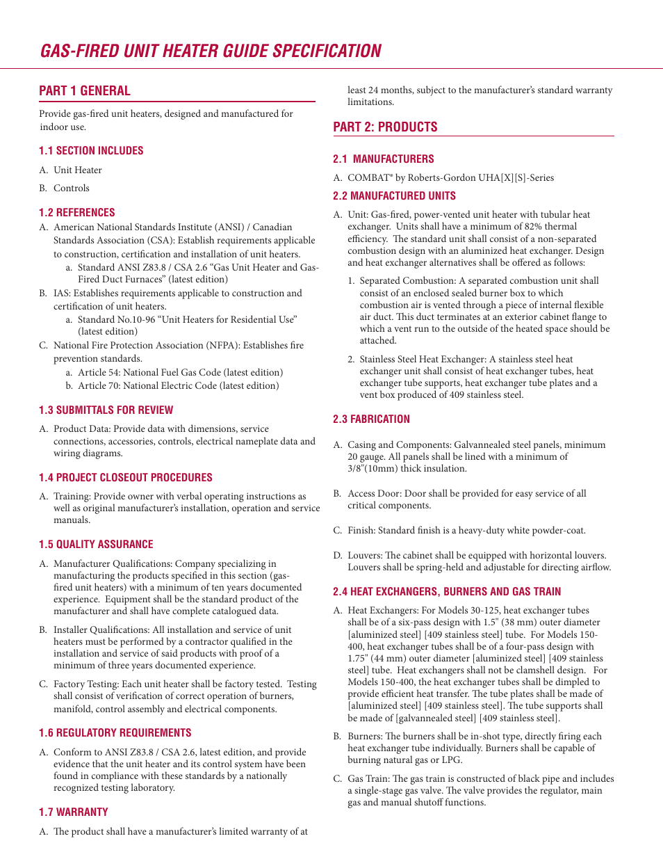 Gas-fired unit heater guide specification, Part 1 general, Part 2: products | Roberts Gorden Combat WHA XS Series User Manual | Page 2 / 4