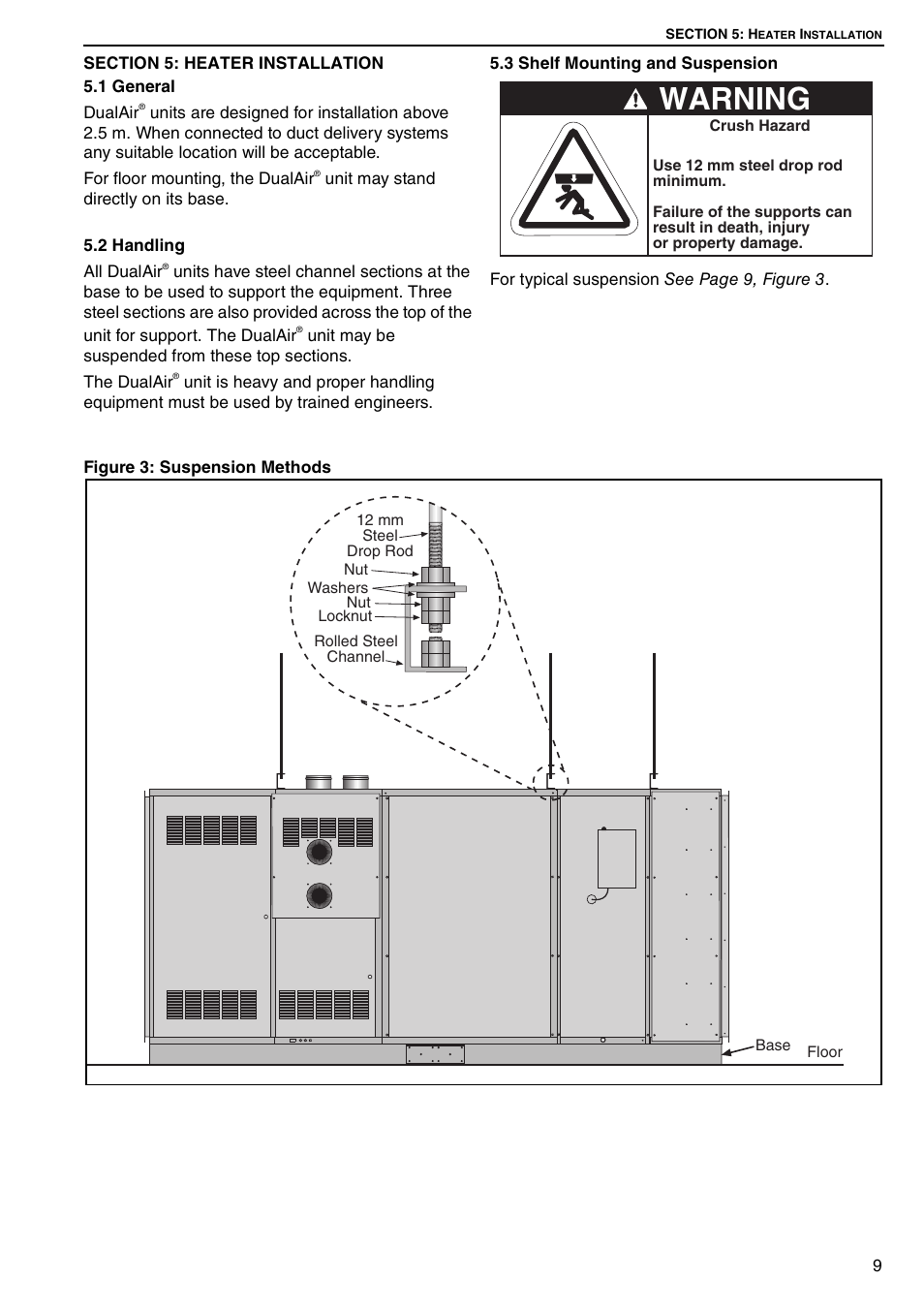 Section 5: heater installation, Figure 3: suspension methods, Figure 3 | Warning | Roberts Gorden DUAL AIR DAT90 User Manual | Page 15 / 52