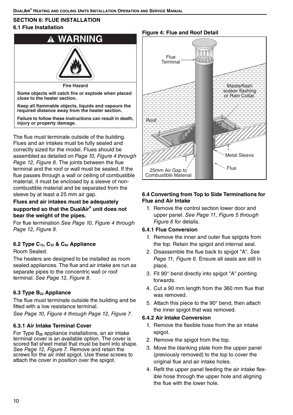 Section 6: flue installation, 1 flue installation 6.2 type c, 3 type b | And air intake, Figure 4: flue and roof detail, Warning | Roberts Gorden DUAL AIR DAT90 User Manual | Page 16 / 52