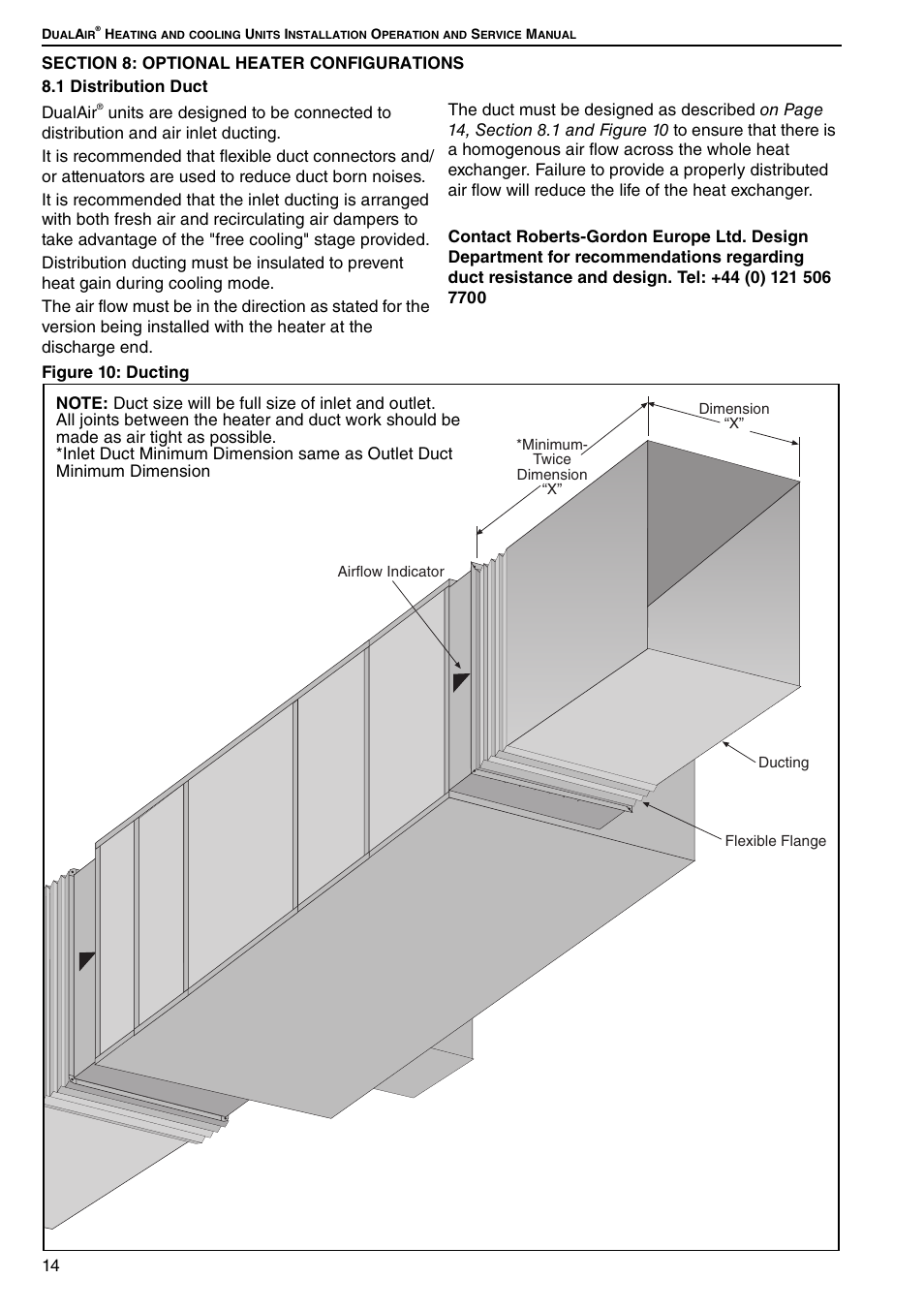 Section 8: optional heater configurations, 1 distribution duct, Figure 10: ducting | Roberts Gorden DUAL AIR DAT90 User Manual | Page 20 / 52