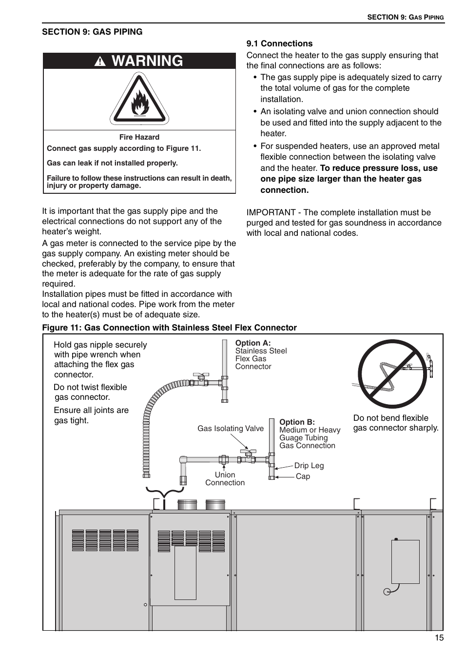 Section 9: gas piping, 1 connections, Connector | Warning | Roberts Gorden DUAL AIR DAT90 User Manual | Page 21 / 52