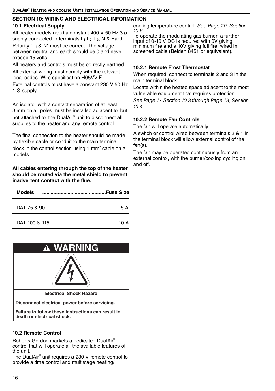 Section 10: wiring and electrical information, 1 electrical supply 10.2 remote control, Section 10 | Warning | Roberts Gorden DUAL AIR DAT90 User Manual | Page 22 / 52