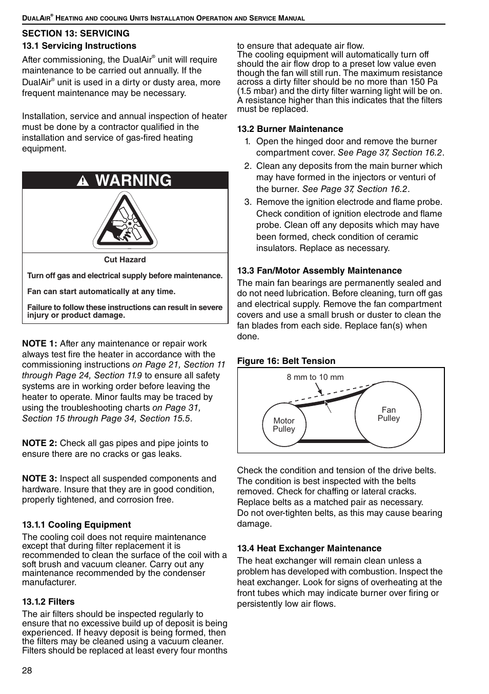 Section 13: servicing, Figure 16: belt tension, Warning | Roberts Gorden DUAL AIR DAT90 User Manual | Page 34 / 52