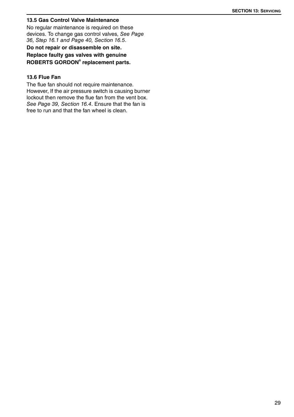 5 gas control valve maintenance 13.6 flue fan | Roberts Gorden DUAL AIR DAT90 User Manual | Page 35 / 52