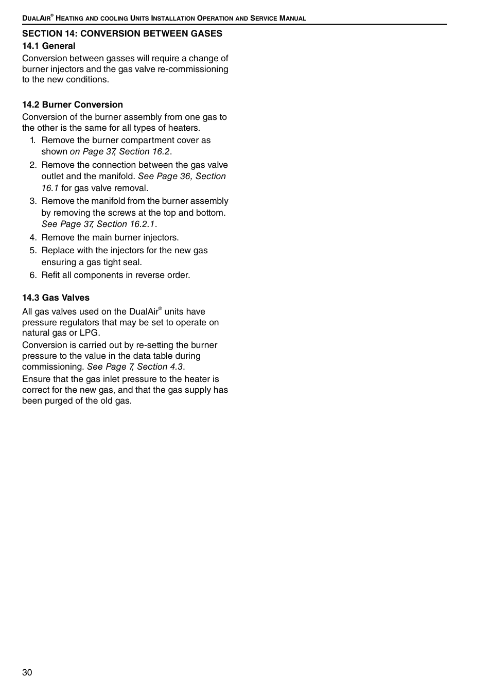 Section 14: conversion between gases, 1 general 14.2 burner conversion 14.3 gas valves | Roberts Gorden DUAL AIR DAT90 User Manual | Page 36 / 52