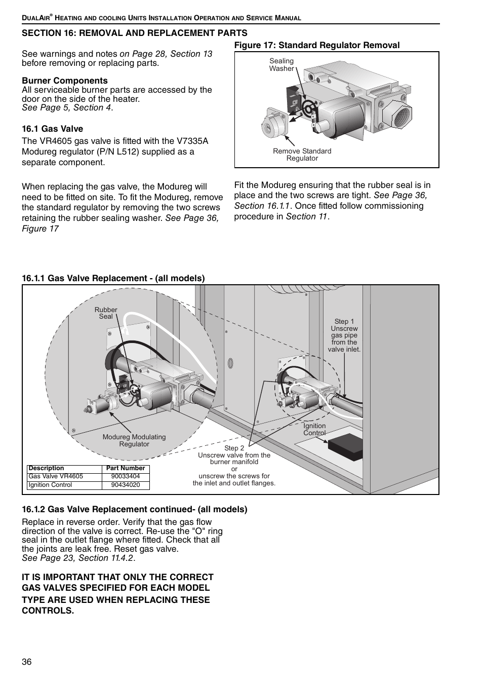 Section 16: removal and replacement parts, 1 gas valve, Figure 17: standard regulator removal | Roberts Gorden DUAL AIR DAT90 User Manual | Page 42 / 52