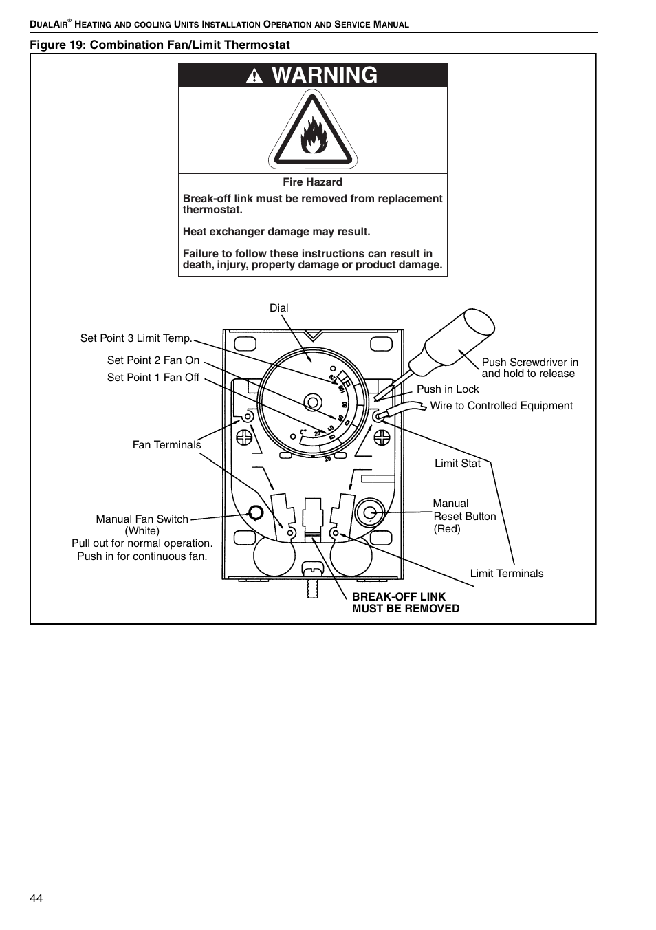 Figure 19: combination fan/limit thermostat, Warning | Roberts Gorden DUAL AIR DAT90 User Manual | Page 50 / 52