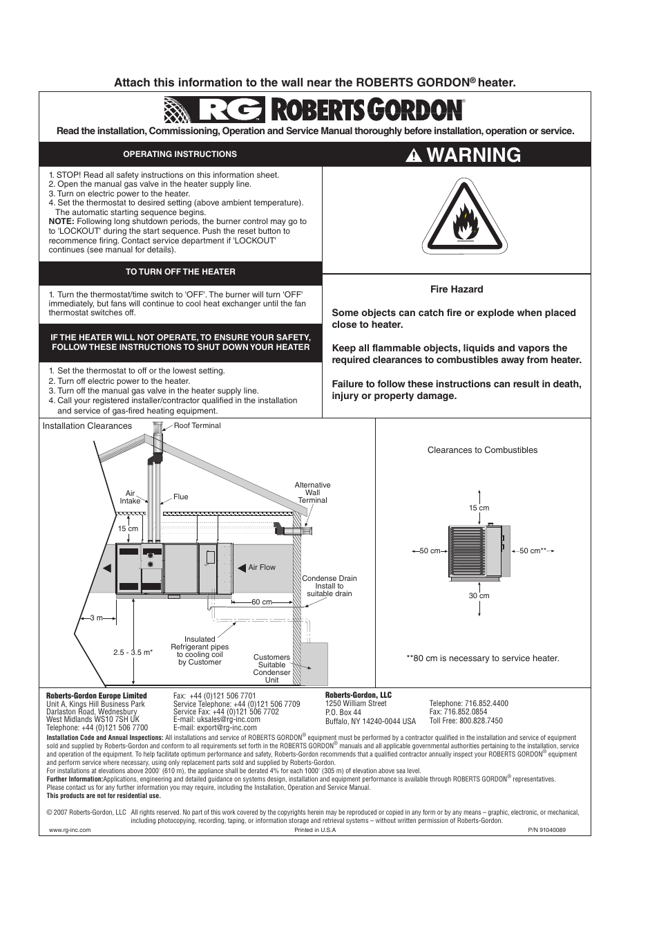 Warning, Heater | Roberts Gorden DUAL AIR DAT90 User Manual | Page 52 / 52
