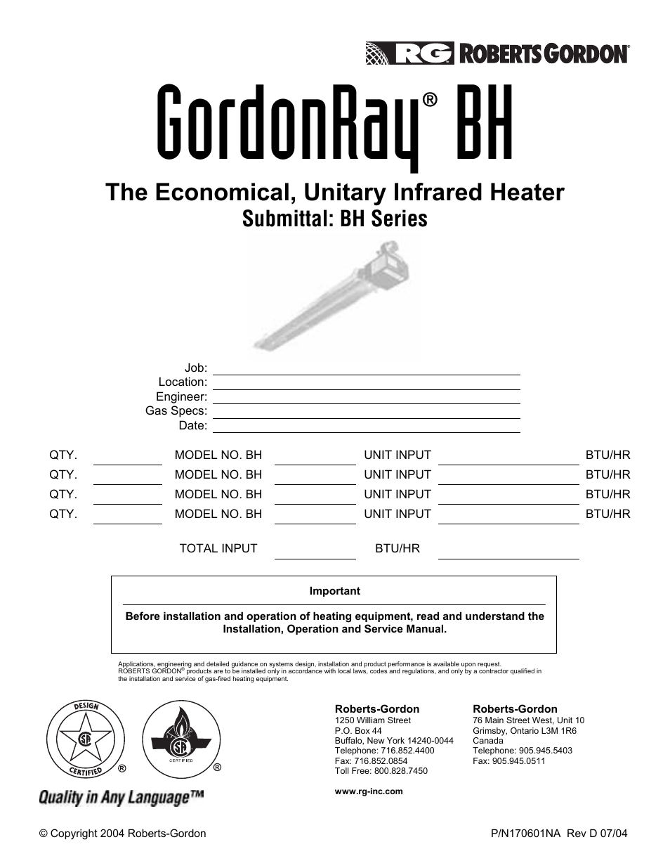 Roberts Gorden GordonRay BH-175 User Manual | 41 pages