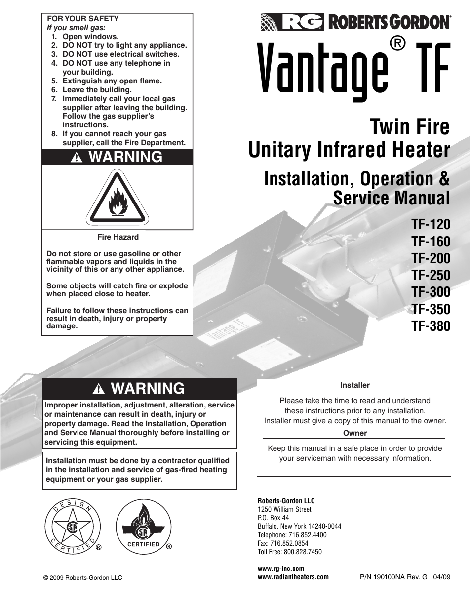 Roberts Gorden Vantage TF TF-300 User Manual | 20 pages