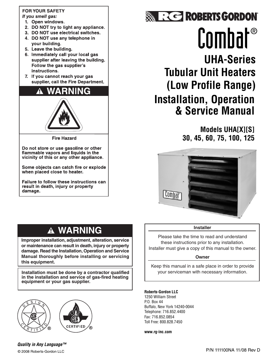 Roberts Gorden Combat UHA[X][S] 30 User Manual | 62 pages